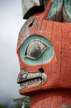 Detail of totem pole in Sitka, Alaska.
