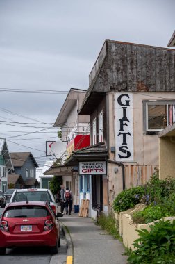 Sitka, Alaska - July 26, 2022 - View of Sitka's historic main street. Alsaka Gift Bazaar visible.