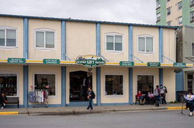 Sitka, Alaska - July 26, 2022 - View of Sitka's historic main street. Alsaka Gift Bazaar visible.