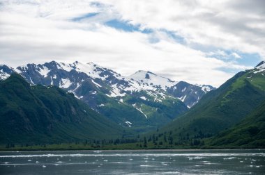 View of mountains along the Alaska cost by the Hubbard glacier.