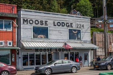 Ketchikan, Alaska - July 29, 2022: Views of the historic wooden buildings in the popular cruise destination of Ketchikan.