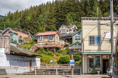 Ketchikan, Alaska - July 29, 2022: Views of the historic wooden buildings in the popular cruise destination of Ketchikan.