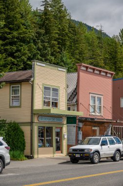 Ketchikan, Alaska - July 29, 2022: Views of the historic wooden buildings in the popular cruise destination of Ketchikan. Salmon Market.
