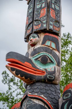 Ketchikan, Alaska - July 29, 2022: Tlinget totem poles in Ketchikan. clipart