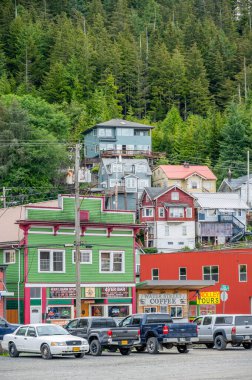 Ketchikan, Alaska - July 29, 2022: Views of the historic wooden buildings in the popular cruise destination of Ketchikan. Salmon Market.