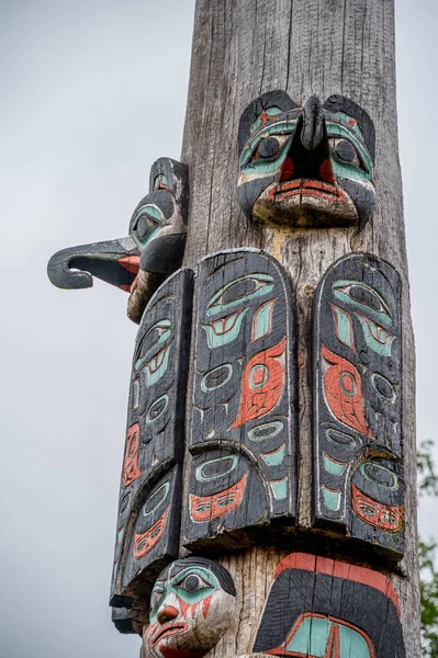 Ketchikan, Alaska - July 29, 2022: Tlinget totem poles in Ketchikan.