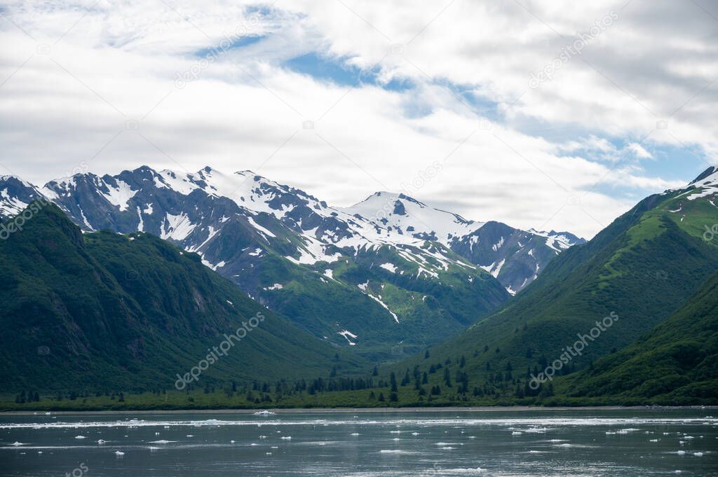 View of mountains along the Alaska cost by the Hubbard glacier.
