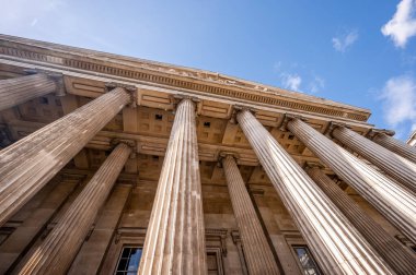London, Uk - August 21, 2022:  Wide angle view of the exterior  steps and facade of the British Museum.