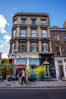 London, UK - August 21, 2022: The exterior of the TAS Restaurant  on Bloomsbury Street.