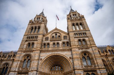 Exterior facade of the Natural History Museum in London, with its ornate terracotta facade, Victorian architecture. Built in the 19th century in style Victorian architecture