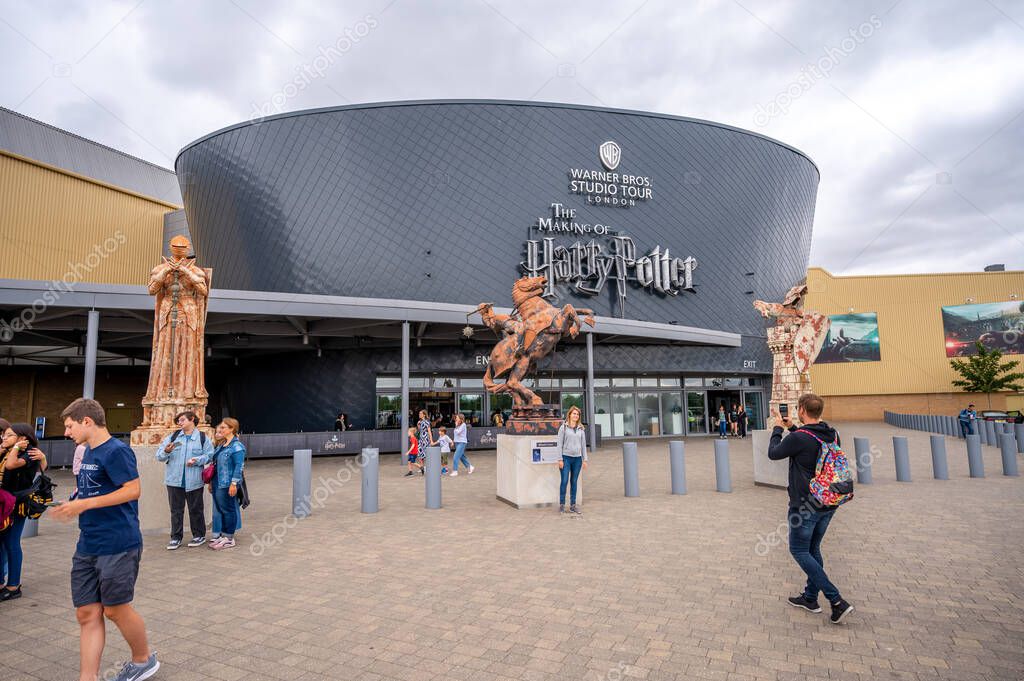Leavesden, UK - August 23, 2022: Outside the main entrance to the Making of Harry Potter tour at Warner Bros studio.