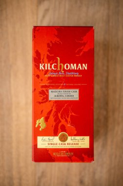 Calgary, Alberta - September 10, 2022: Kilchoman Single Malt Scotch Whisky container.