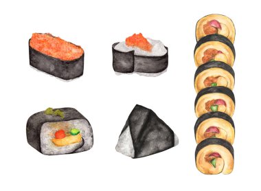 Suşi seti. Japon yemekleri. Beyaz bir arka planda izole edilmiş. Suluboya çizimi.