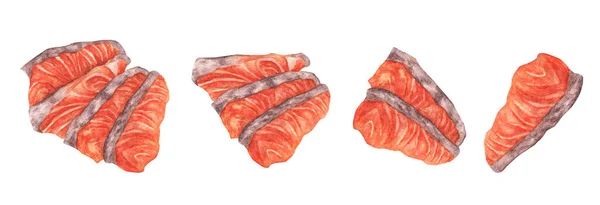 Akwarela Ręcznie Rysowany Kawałek Czerwonej Ryby Filet Fresh Salmon Sashimi — Zdjęcie stockowe