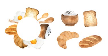 Hand drawn breakfast circle frame illustration. Bread, fried egg and rice in bowl drawing. Watercolor illustration. 
