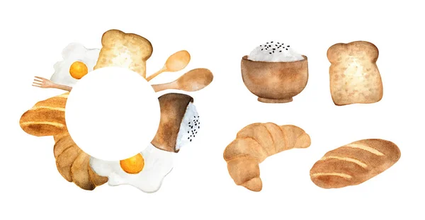 Hand Drawn Breakfast Circle Frame Illustration Bread Fried Egg Rice — Photo