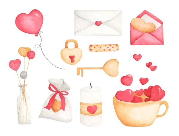 Set Decorative Elements Symbols Valentine Day Hand Drawn Watercolor Illustration — 图库照片