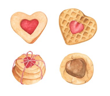 Set of decorative elements. Symbols of Valentine's Day. Hand drawn watercolor illustration.