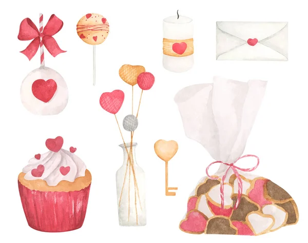 Set Decorative Elements Symbols Valentine Day Hand Drawn Watercolor Illustration — 图库照片