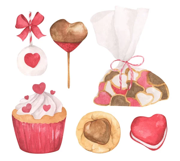 Set Decorative Elements Symbols Valentine Day Hand Drawn Watercolor Illustration — Stockfoto