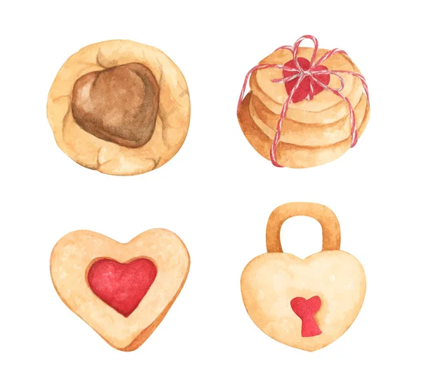 Uppsättning Cookie Hjärtform Isolerad Vit Bakgrund Akvarell Illustration Alla Hjärtans — Stockfoto