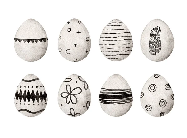 Conjunto Ovos Páscoa Pintados Isolado Fundo Branco Ilustração Aquarela — Fotografia de Stock