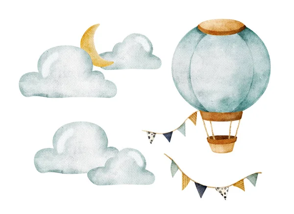 Aquarel Set Met Heteluchtballonnen Slinger Met Hand Geschilderde Lucht Illustratie — Stockfoto