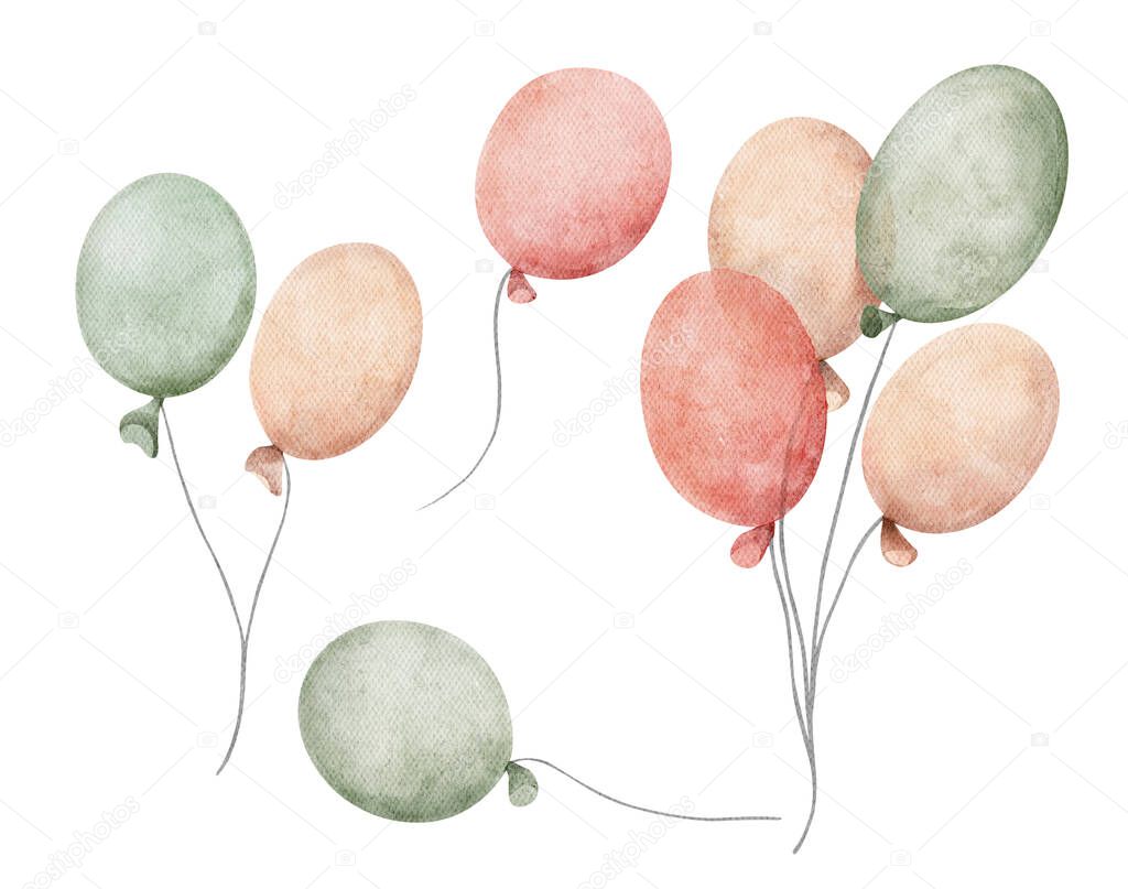 Set of colorful balloons isolated on white background. Watercolor illustration.