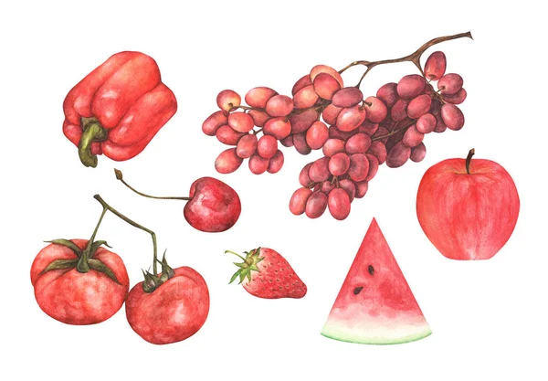 Красные Овощи Фруктовый Набор Изолированный Белом Фоне Акварель — стоковое фото