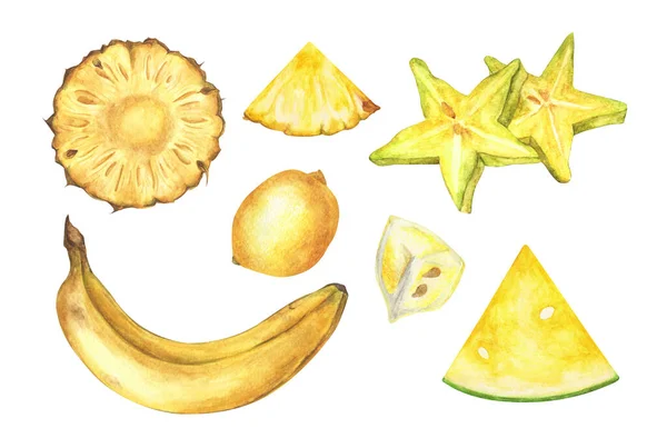 Žlutá Zelenina Ovocná Souprava Izolované Bílém Pozadí Obrázek Barvy Akvarelu — Stock fotografie