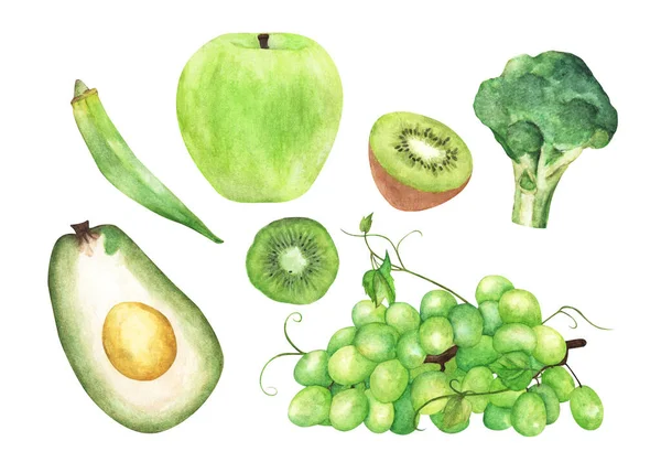 Πράσινα Λαχανικά Και Φρούτα Απομονωμένο Λευκό Φόντο Εικονογράφηση Υδατογραφίας — Φωτογραφία Αρχείου
