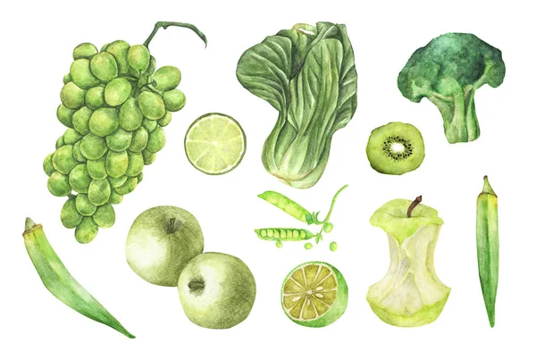 Groene Groenten Fruit Set Geïsoleerd Witte Achtergrond Aquarelillustratie — Stockfoto