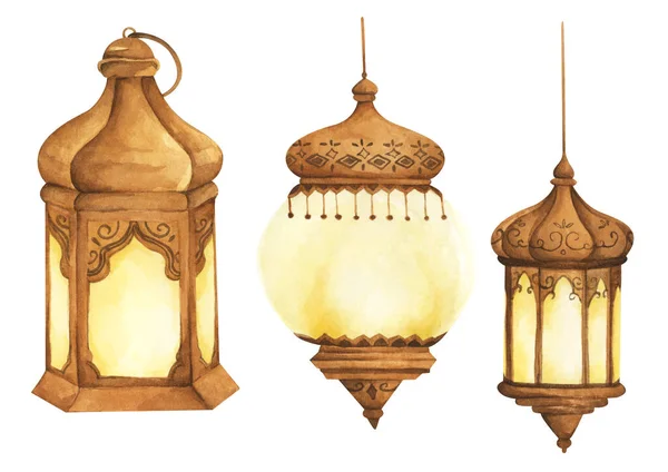 Set of traditional arabian lanterns. Isolated on white background. Watercolor illustration.