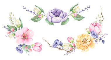 Çiçek demetleri. Suluboya düğün buketleri. Beyaz arka planda izole edilmiş. Romantik çiçekli el çizimi.