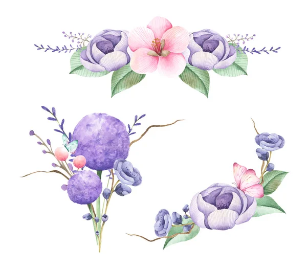 Çiçek Demetleri Suluboya Düğün Buketleri Beyaz Arka Planda Izole Edilmiş — Stok fotoğraf