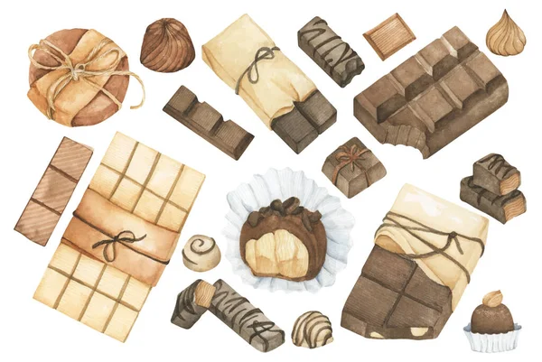 Set Cioccolatini Isolato Sfondo Bianco Illustrazione Acquerello — Foto Stock