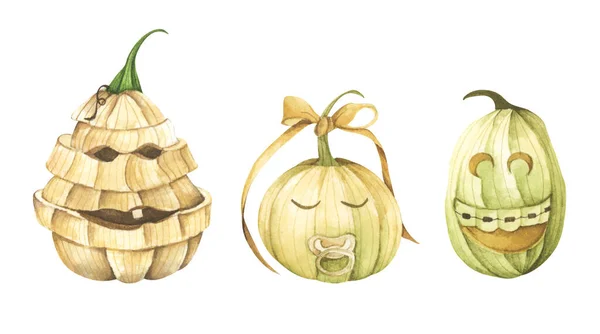 Set Pumpkins Halloween Isolated White Background Watercolor Illustration — 스톡 사진