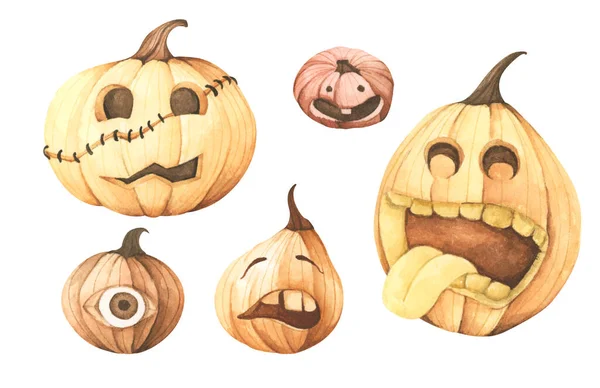 Set Pumpkins Halloween Isolated White Background Watercolor Illustration — Foto de Stock