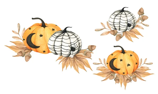 Watercolor Floral Pumpkins Composition Thanksgiving Decor Isolated White Background Holiday — Zdjęcie stockowe