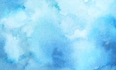 Hand painted watercolor blue background with abstract cloudy sky concept with color splash design. Texture grunge, soft fog.