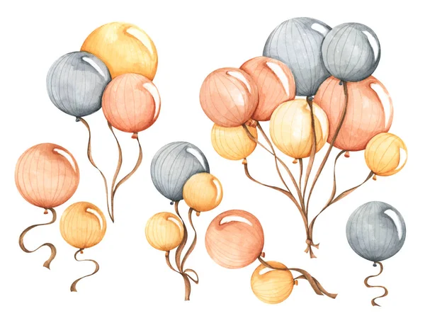 Set of colorful air balloons, Hand painted pack of orange, yellow and black balloons, isolated on white background. Watercolor illustration for postcard, invitation, banner.