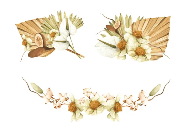 Набір Акварельних Квіткових Рамкових Букетів Осіннього Листя Ботанічна Композиція Весілля — стокове фото