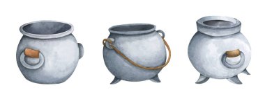 Set of Fantasy witch cauldron, Steel black cauldron. Watercolor illustration for Halloween. Isolated on white background. Use it for postcards, invitations, and scrapbooking.