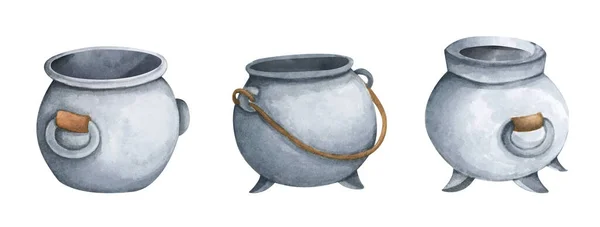 Set of Fantasy witch cauldron, Steel black cauldron. Watercolor illustration for Halloween. Isolated on white background. Use it for postcards, invitations, and scrapbooking.