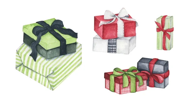 Aquarel Tekening Kerst Geschenkdozen Met Strikken Present Box Set Voor — Stockfoto
