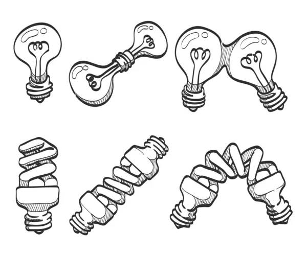 Esquisses d'ampoules et d'ampoules spirales . — Image vectorielle