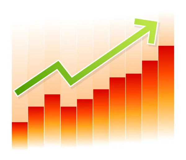 Seta verde no gráfico de barras vermelhas — Vetor de Stock