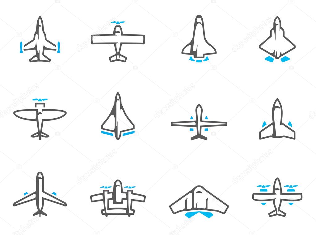 Airplane silhouette icons in duo tone colors.