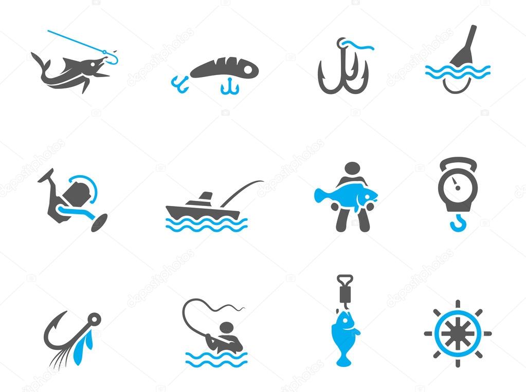 Fishing icons in duo tone colors.