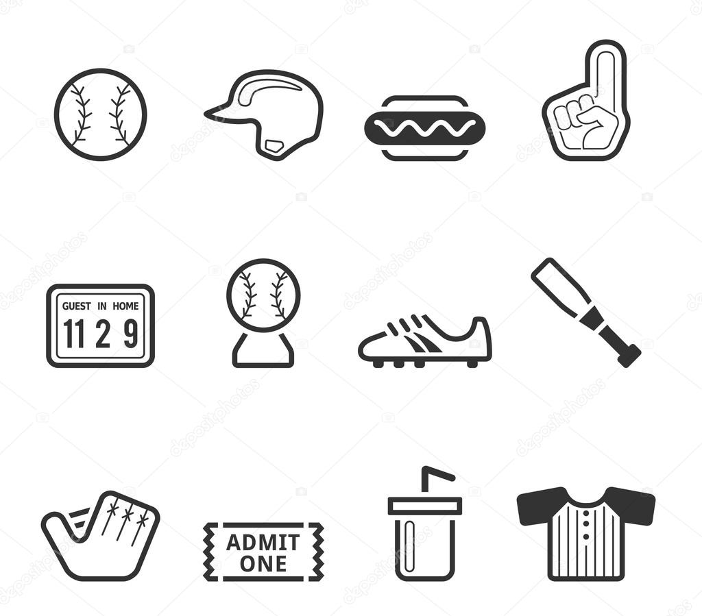 Baseball related icons in black and white